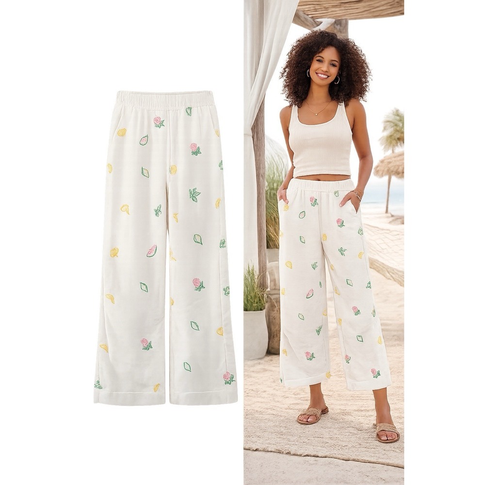 C&C California Linen Blend Embroidered Fruit Wide Leg Crop‎ Pants White  Medium
